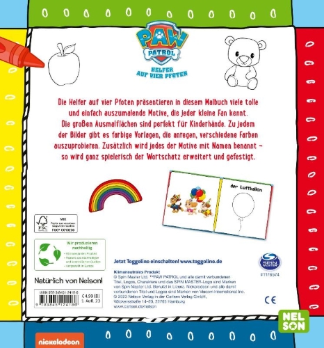 Buchcover und Innenansicht für das Buch: PAW Patrol Lernbuch: Mein erstes Malbuch