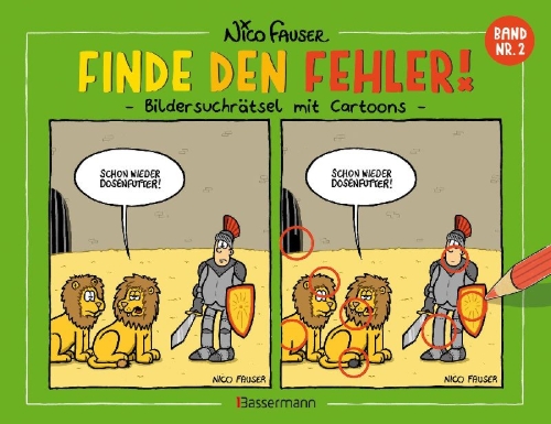 Buchcover und Innenansicht für das Buch: Finde den Fehler - Band Nr.2 - Bildersuchrätsel mit Cartoons