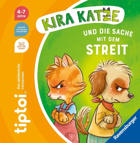 Buchcover und Innenansicht für das Buch: tiptoi® Bildergeschichten über den Umgang mit Gefühlen - Kira Katze und die Sache mit dem Streit