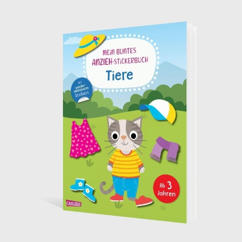 Buchcover und Innenansicht für das Buch: Mein buntes Anzieh-Stickerbuch: Tiere