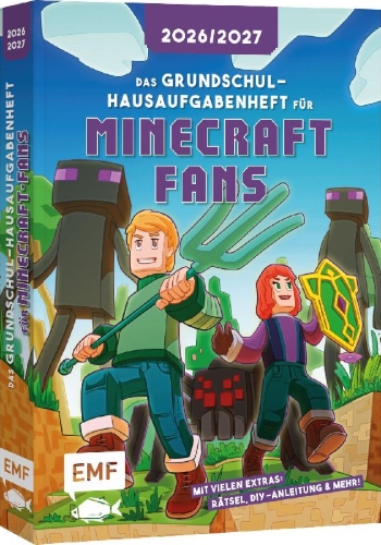 Buchcover und Innenansicht für das Buch: Das Grundschul-Hausaufgabenheft für Minecraft-Fans 2026/2027