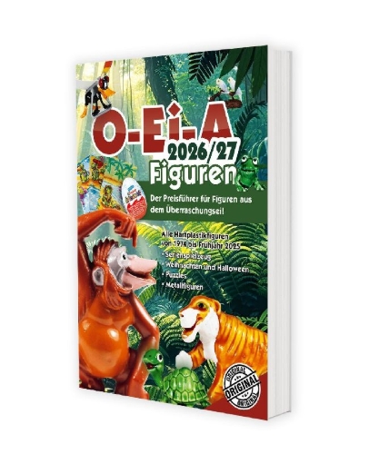 Buchcover und Innenansicht für das Buch: O-Ei-A Figuren 2026/27 - Der Preisführer für Figuren aus dem Überraschungsei!