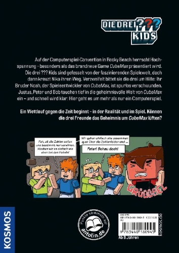 Buchcover und Innenansicht für das Buch: Die drei ??? Kids, Geheimnis um CubeMax