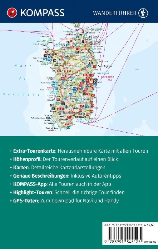 Buchcover und Innenansicht für das Buch: KOMPASS Wanderführer Sardinien, 75 Touren mit Extra-Tourenkarte
