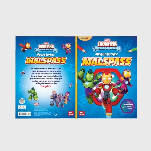 Buchcover und Innenansicht für das Buch: MARVEL: Iron Man und seine fantastischen Freunde: Megastarker Malspaß