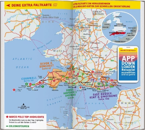 Buchcover und Innenansicht für das Buch: MARCO POLO Reiseführer Südengland, Cornwall bis Kent