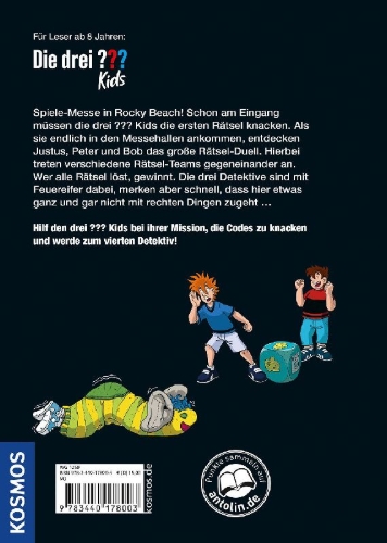 Buchcover und Innenansicht für das Buch: Die drei ??? Kids, Mission Spiele-Code