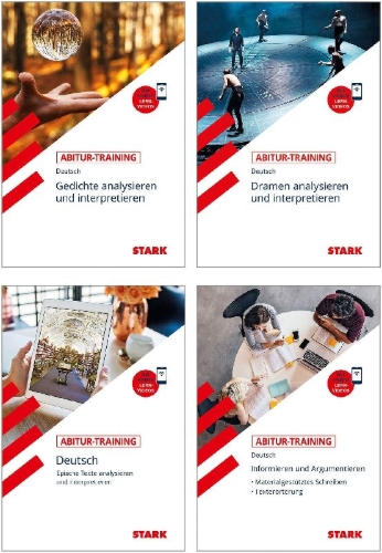Buchcover und Innenansicht für das Buch: STARK Abitur-Training Deutsch - Erörtern und Sachtexte + Lyrik + Epik + Dramen
