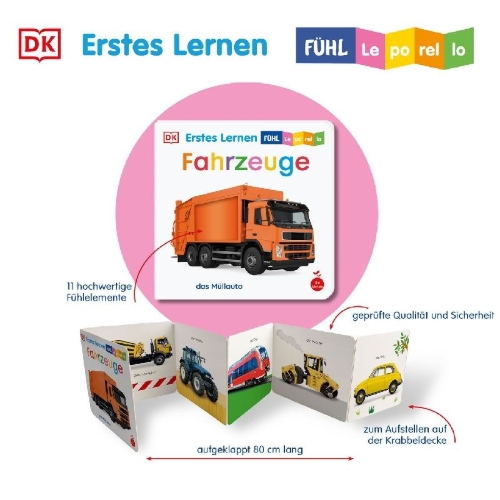 Buchcover und Innenansicht für das Buch: Erstes Lernen Fühl-Leporello. Fahrzeuge