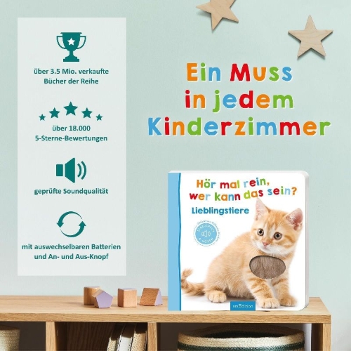 Buchcover und Innenansicht für das Buch: Hör mal rein, wer kann das sein? Lieblingstiere