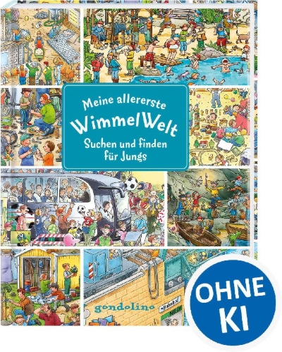 Buchcover und Innenansicht für das Buch: Meine allererste WimmelWelt - Suchen und finden für Jungs