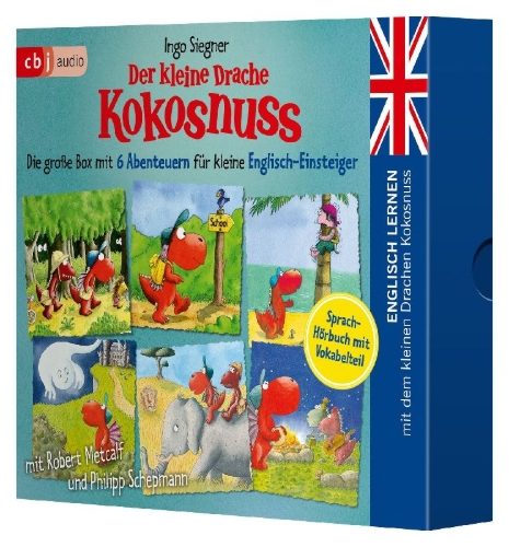 Buchcover und Innenansicht für das Buch: Englisch lernen mit dem kleinen Drachen Kokosnuss - Die große Box mit 6 Abenteuern für kleine Englisch-Einsteiger
