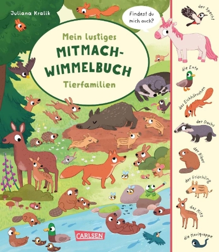 Buchcover und Innenansicht für das Buch: Mein lustiges Mitmach-Wimmelbuch: Tierfamilien