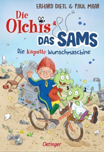 Buchcover und Innenansicht für das Buch: Die Olchis und das Sams. Die kaputte Wunschmaschine