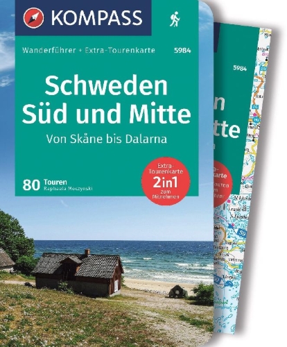 Buchcover und Innenansicht für das Buch: KOMPASS Wanderführer Schweden Süd und Mitte, Von Skåne bis Dalarna, 80 Touren mit Extra-Tourenkarte