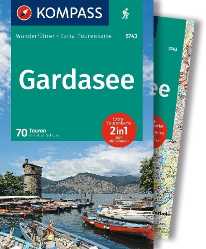 Buchcover und Innenansicht für das Buch: KOMPASS Wanderführer Gardasee, 70 Touren mit Extra-Tourenkarte