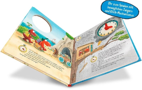 Buchcover und Innenansicht für das Buch: Der kleine Drache Kokosnuss - Weißt du, wie viel Uhr es ist?