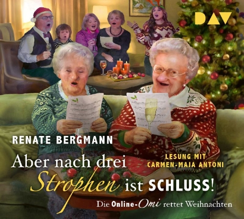 Buchcover und Innenansicht für das Buch: Aber nach drei Strophen ist Schluss! Die Online-Omi rettet Weihnachten
