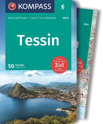 Buchcover und Innenansicht für das Buch: KOMPASS Wanderführer Tessin, 50 Touren mit Extra-Tourenkarte