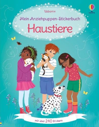 Buchcover und Innenansicht für das Buch: Mein Anziehpuppen-Stickerbuch: Haustiere