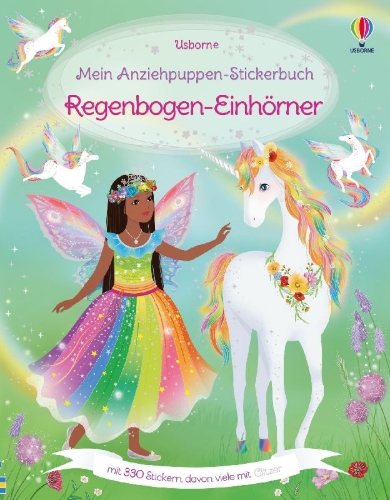 Buchcover und Innenansicht für das Buch: Mein Anziehpuppen-Stickerbuch: Regenbogen-Einhörner
