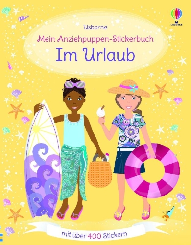 Buchcover und Innenansicht für das Buch: Mein Anziehpuppen-Stickerbuch: Im Urlaub