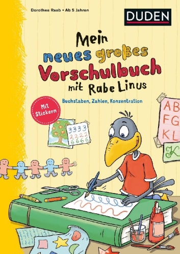 Buchcover und Innenansicht für das Buch: Mein neues großes Vorschulbuch mit Rabe Linus