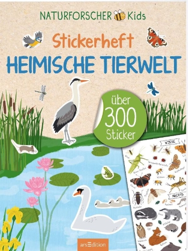 Buchcover und Innenansicht für das Buch: Naturforscher-Kids - Stickerheft Heimische Tierwelt