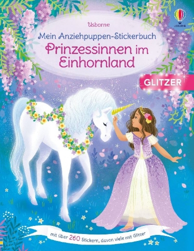 Buchcover und Innenansicht für das Buch: Mein Anziehpuppen-Stickerbuch: Prinzessinnen im Einhornland