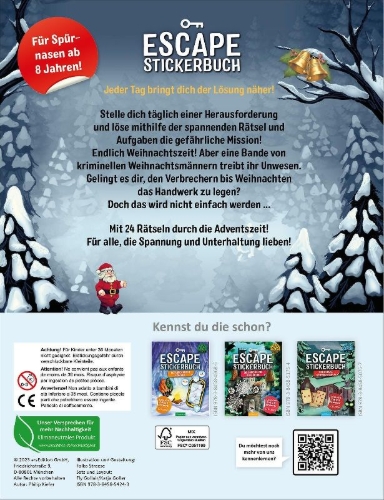 Buchcover und Innenansicht für das Buch: Escape-Stickerbuch - Adventskalender - Das Versteck in den Bergen
