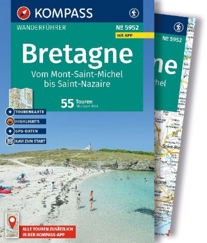 Buchcover und Innenansicht für das Buch: KOMPASS Wanderführer Bretagne, vom Mont-Saint-Michel bis Saint-Nazaire, 55 Touren mit Extra-Tourenkarte