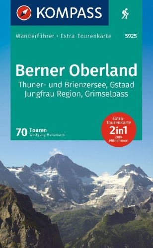 Buchcover und Innenansicht für das Buch: KOMPASS Wanderführer Berner Oberland, 70 Touren mit Extra-Tourenkarte