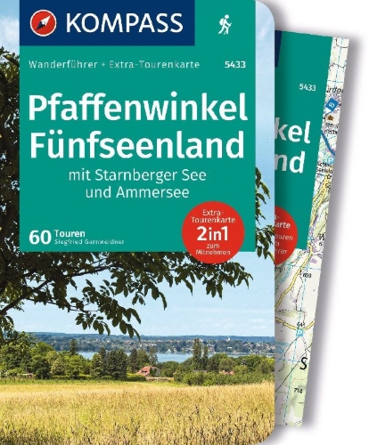 Buchcover und Innenansicht für das Buch: KOMPASS Wanderführer Pfaffenwinkel, Fünfseenland, Starnberger See, Ammersee, 60 Touren mit Extra-Tourenkarte