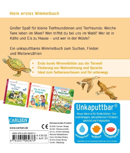 Buchcover und Innenansicht für das Buch: Unkaputtbar: Mein erstes Wimmelbuch: Unsere Tiere