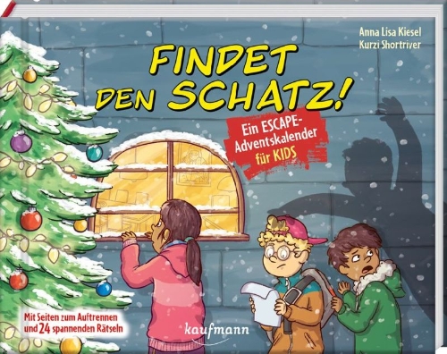 Buchcover und Innenansicht für das Buch: Findet den Schatz! - Ein Escape-Adventskalender für Kids