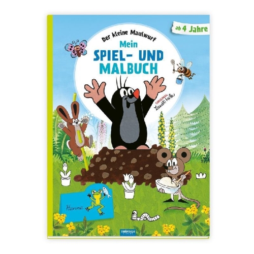 Buchcover und Innenansicht für das Buch: Trötsch Der kleine Maulwurf Mein Spiel- und Malbuch