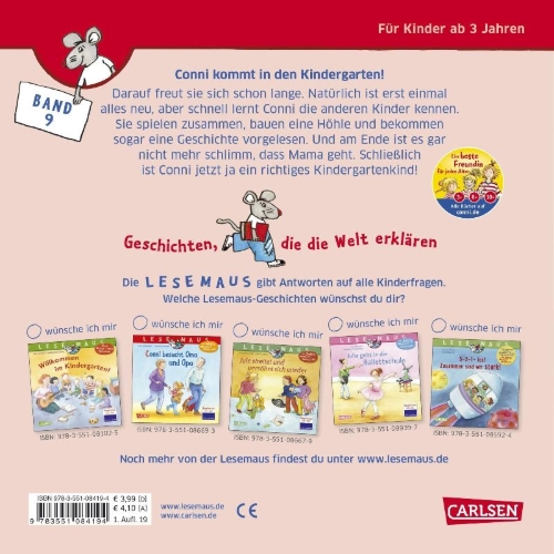 Buchcover und Innenansicht für das Buch: LESEMAUS 9: Conni kommt in den Kindergarten (Neuausgabe)