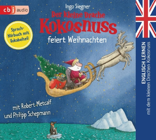 Buchcover und Innenansicht für das Buch: Der kleine Drache Kokosnuss feiert Weihnachten