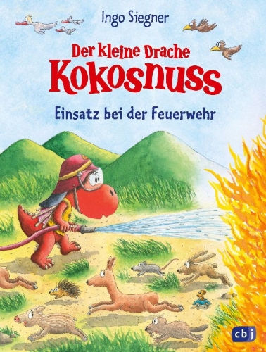 Buchcover und Innenansicht für das Buch: Der kleine Drache Kokosnuss - Einsatz bei der Feuerwehr