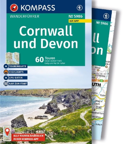 Buchcover und Innenansicht für das Buch: KOMPASS Wanderführer Cornwall und Devon, 60 Touren mit Extra-Tourenkarte