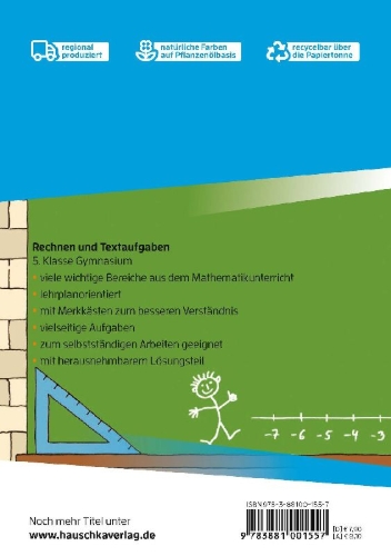 Buchcover und Innenansicht für das Buch: Rechnen und Textaufgaben - Gymnasium 5. Klasse, A5-Heft