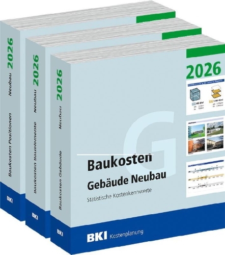 Buchcover und Innenansicht für das Buch: BKI Baukosten Gebäude + Positionen + Bauelemente Neubau 2026 - Kombi Teil 1-3