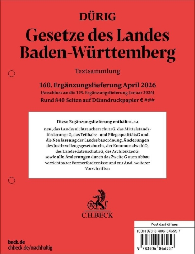 Buchcover und Innenansicht für das Buch: Gesetze des Landes Baden-Württemberg  160. Ergänzungslieferung