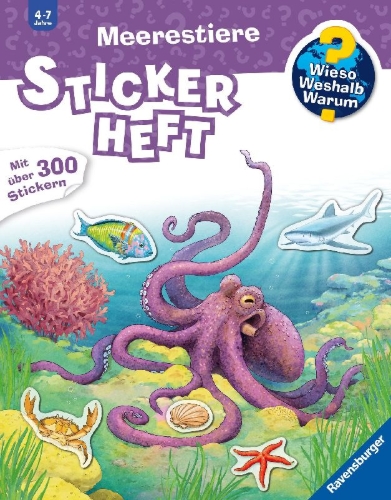 Buchcover und Innenansicht für das Buch: Wieso? Weshalb? Warum? Stickerheft - Meerestiere