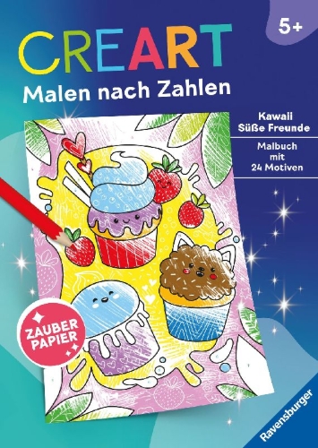 Buchcover und Innenansicht für das Buch: CreArt Malen nach Zahlen ab 5 - Zauberpapier: Kawaii Süße Freunde