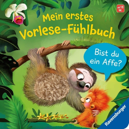 Buchcover und Innenansicht für das Buch: Mein erstes Vorlese-Fühlbuch - Bist du ein Affe?