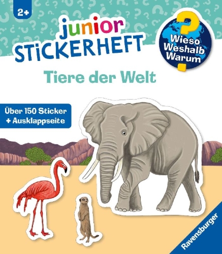 Buchcover und Innenansicht für das Buch: Wieso? Weshalb? Warum? junior Stickerheft - Tiere der Welt