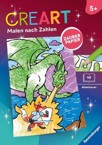 Buchcover und Innenansicht für das Buch: CreArt Malen nach Zahlen ab 5 Zauberpapier - Abenteuer