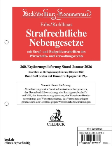 Buchcover und Innenansicht für das Buch: Strafrechtliche Nebengesetze 260. Ergänzungslieferung