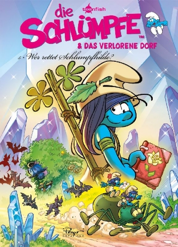 Buchcover und Innenansicht für das Buch: Die Schlümpfe und das verlorene Dorf. Band 5